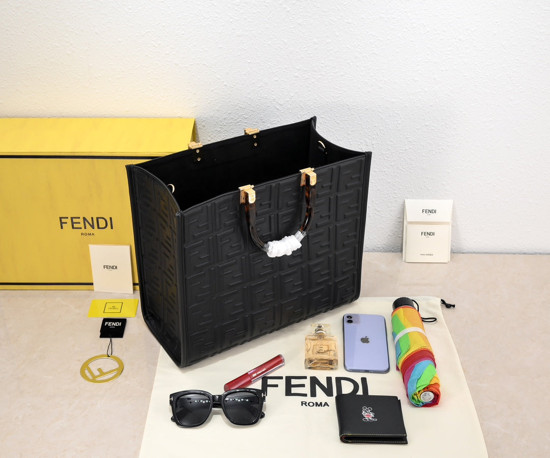 Fendi Sunshine Shopper Tote - Black Leather FF Embossed Bag