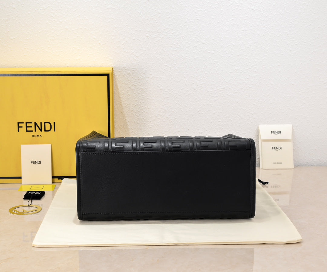 Fendi Sunshine Shopper Tote - Black Leather FF Embossed Bag
