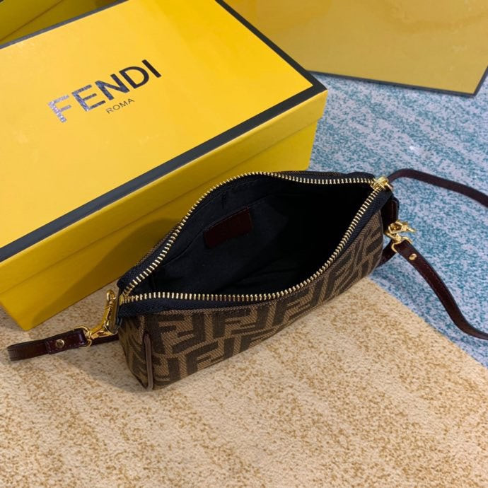 Fendi FF Zucca Canvas Small Shoulder Bag with Gold Chain and Long Strap