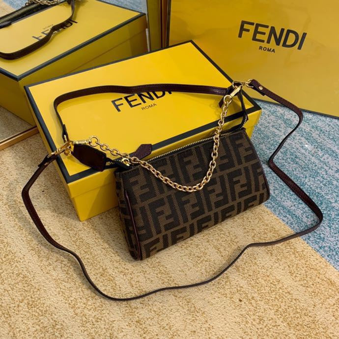 Fendi FF Zucca Canvas Small Shoulder Bag with Gold Chain and Long Strap