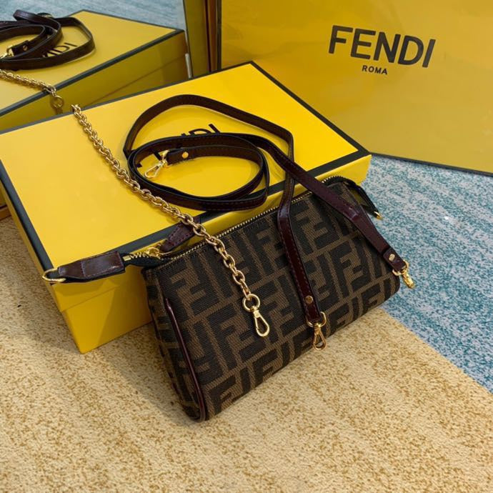 Fendi FF Zucca Canvas Small Shoulder Bag with Gold Chain and Long Strap