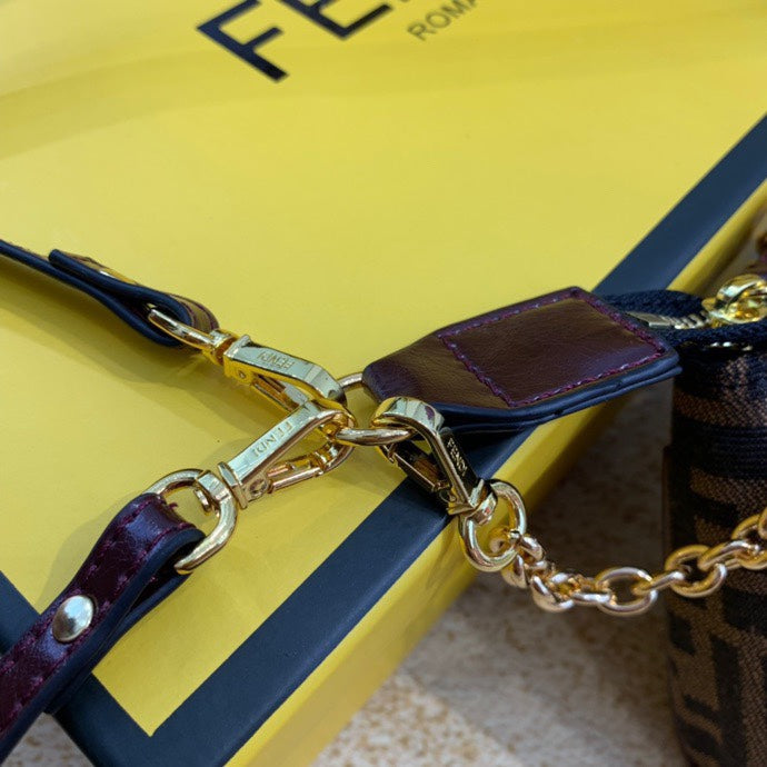 Fendi FF Zucca Canvas Small Shoulder Bag with Gold Chain and Long Strap
