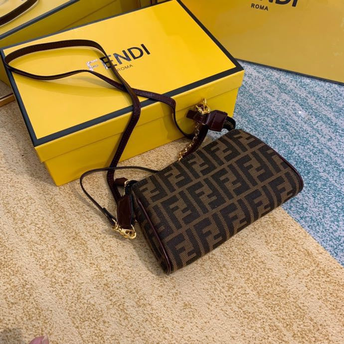 Fendi FF Zucca Canvas Small Shoulder Bag with Gold Chain and Long Strap
