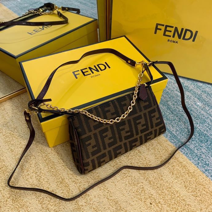 Fendi FF Zucca Canvas Small Shoulder Bag with Gold Chain and Long Strap