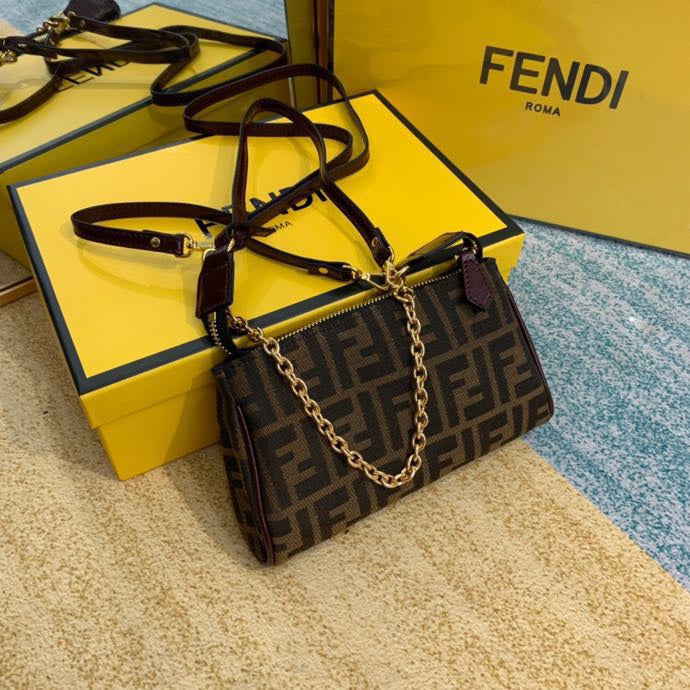 Fendi FF Zucca Canvas Small Shoulder Bag with Gold Chain and Long Strap