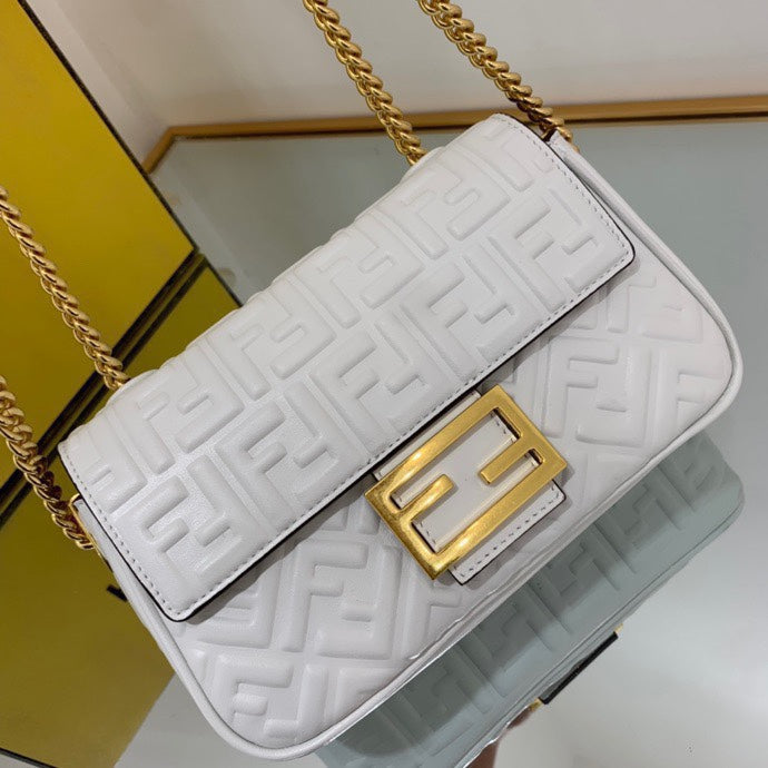 Fendi Baguette White Embossed FF Logo Leather Shoulder Bag with Gold Chain