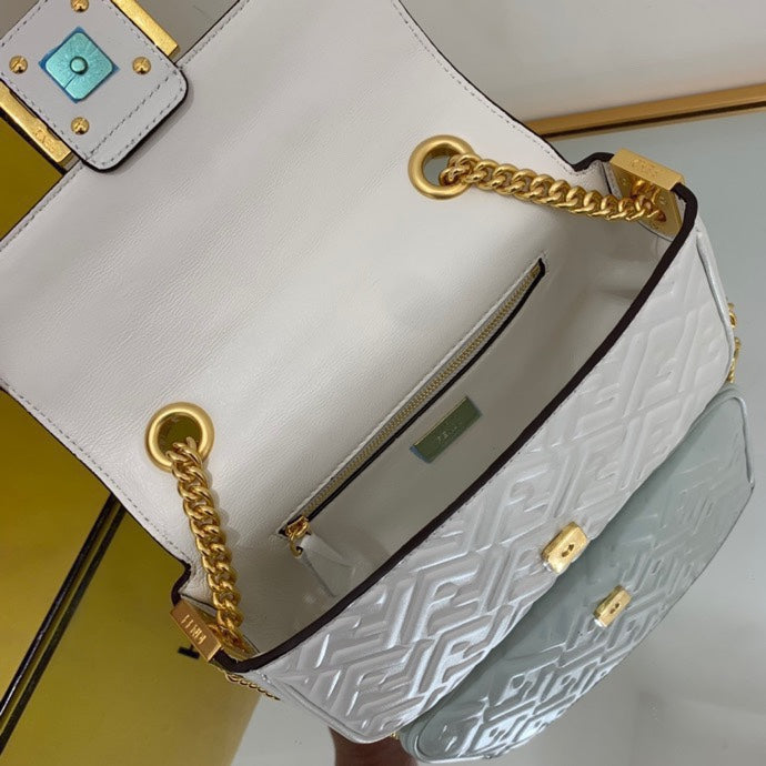 Fendi Baguette White Embossed FF Logo Leather Shoulder Bag with Gold Chain