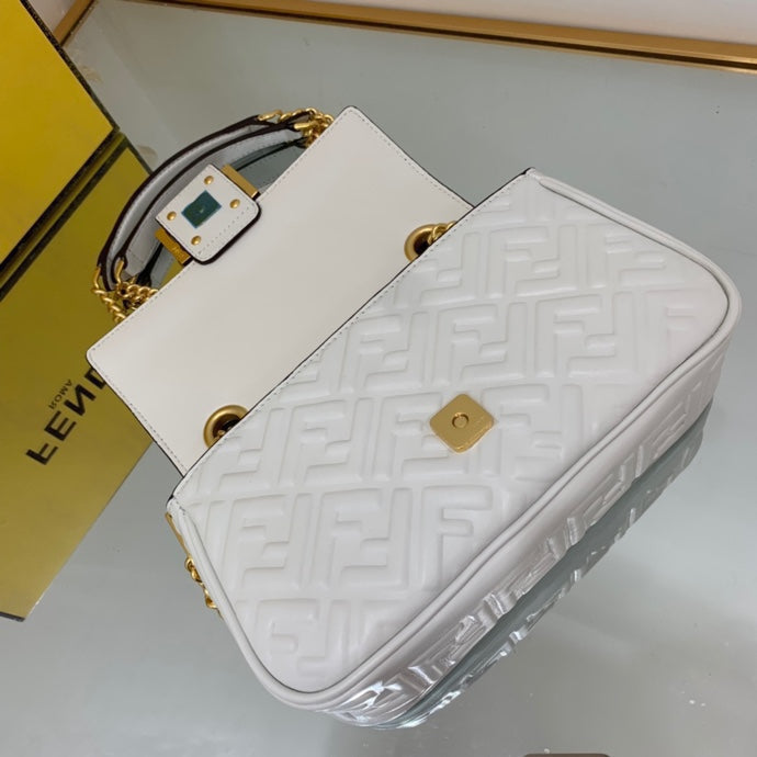 Fendi Baguette White Embossed FF Logo Leather Shoulder Bag with Gold Chain