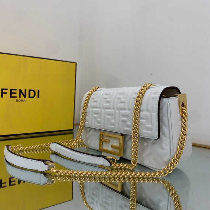 Fendi Baguette White Embossed FF Logo Leather Shoulder Bag with Gold Chain