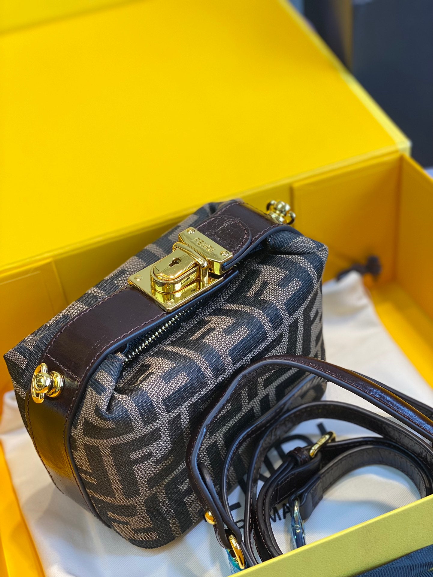 Luxury Designer Mini Baguette Bag with FF Logo Monogram - Brown Canvas