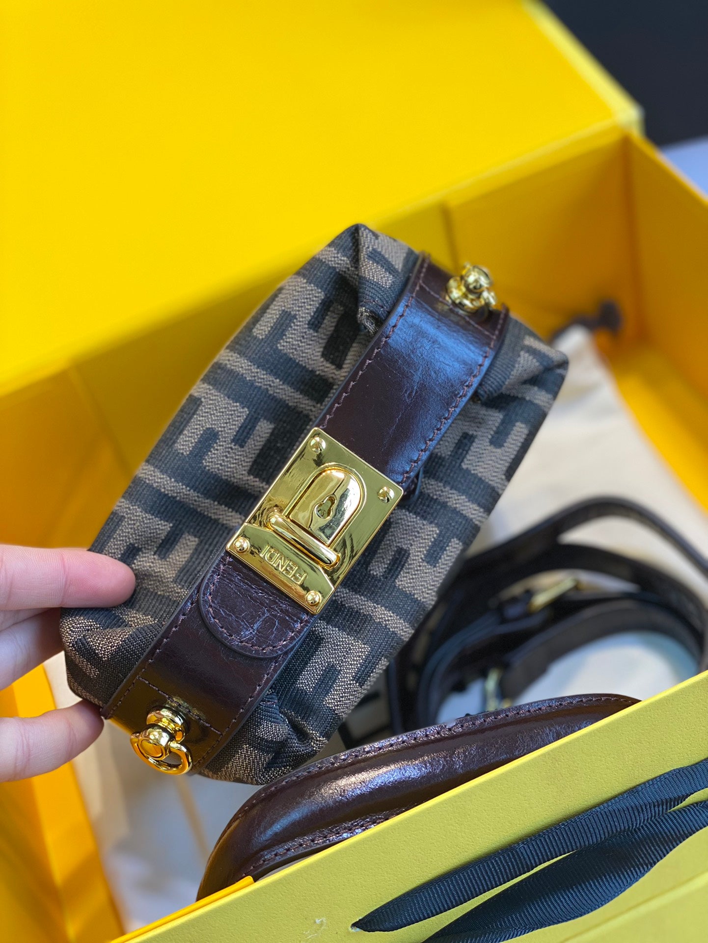 Luxury Designer Mini Baguette Bag with FF Logo Monogram - Brown Canvas
