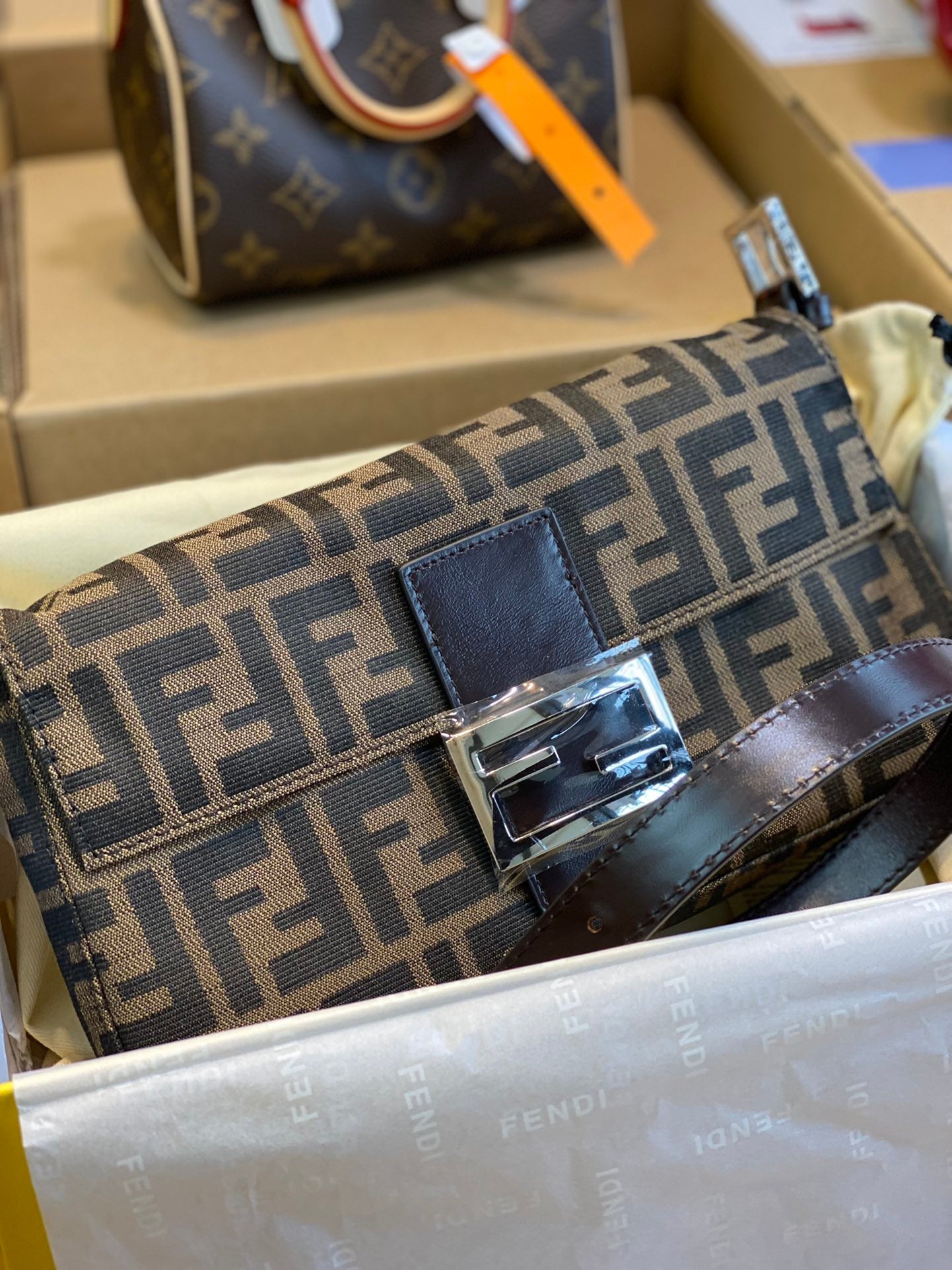 Fendi FF Monogram Canvas Baguette Shoulder Bag with Brown Leather Trim