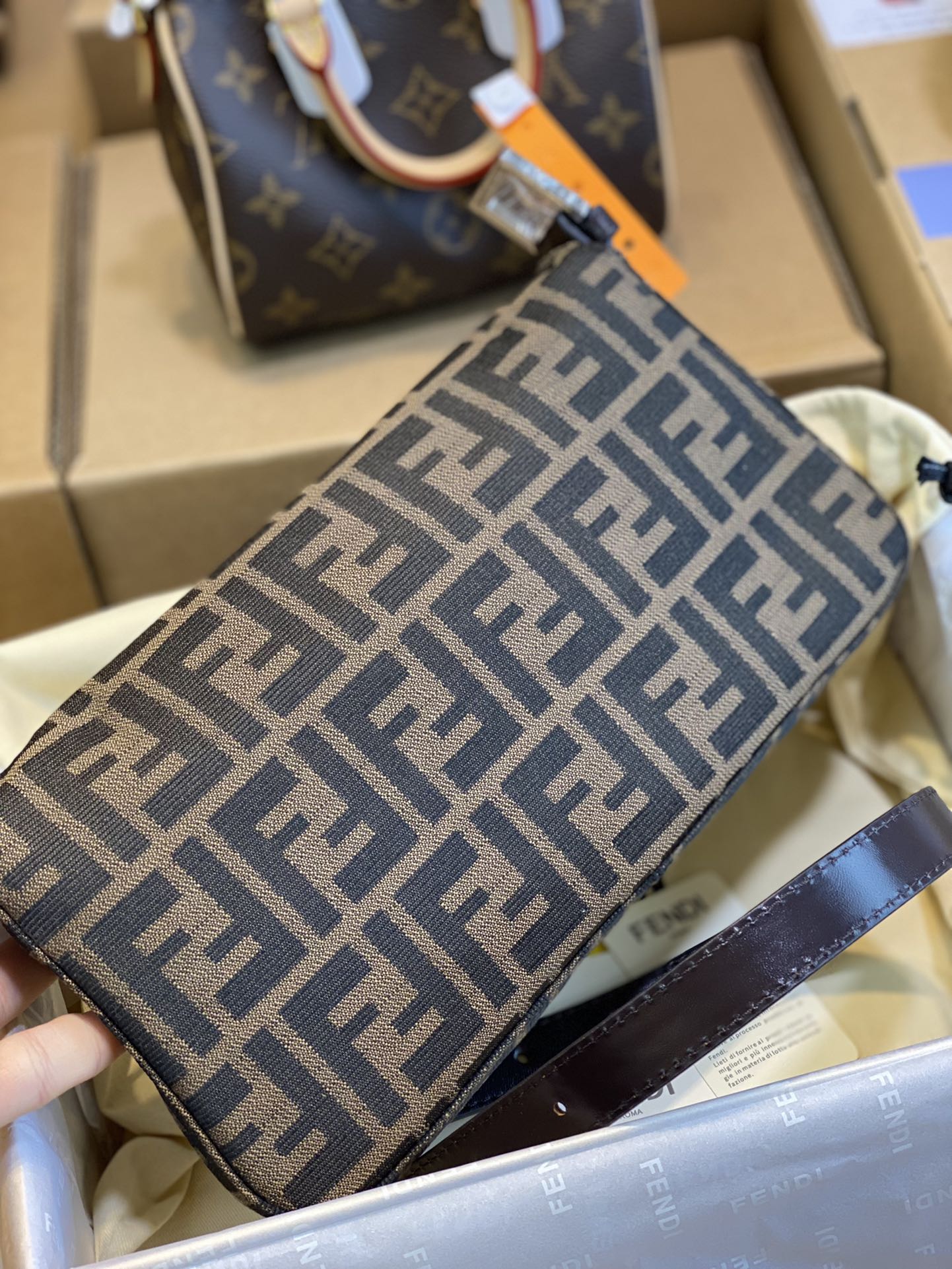 Fendi FF Monogram Canvas Baguette Shoulder Bag with Brown Leather Trim