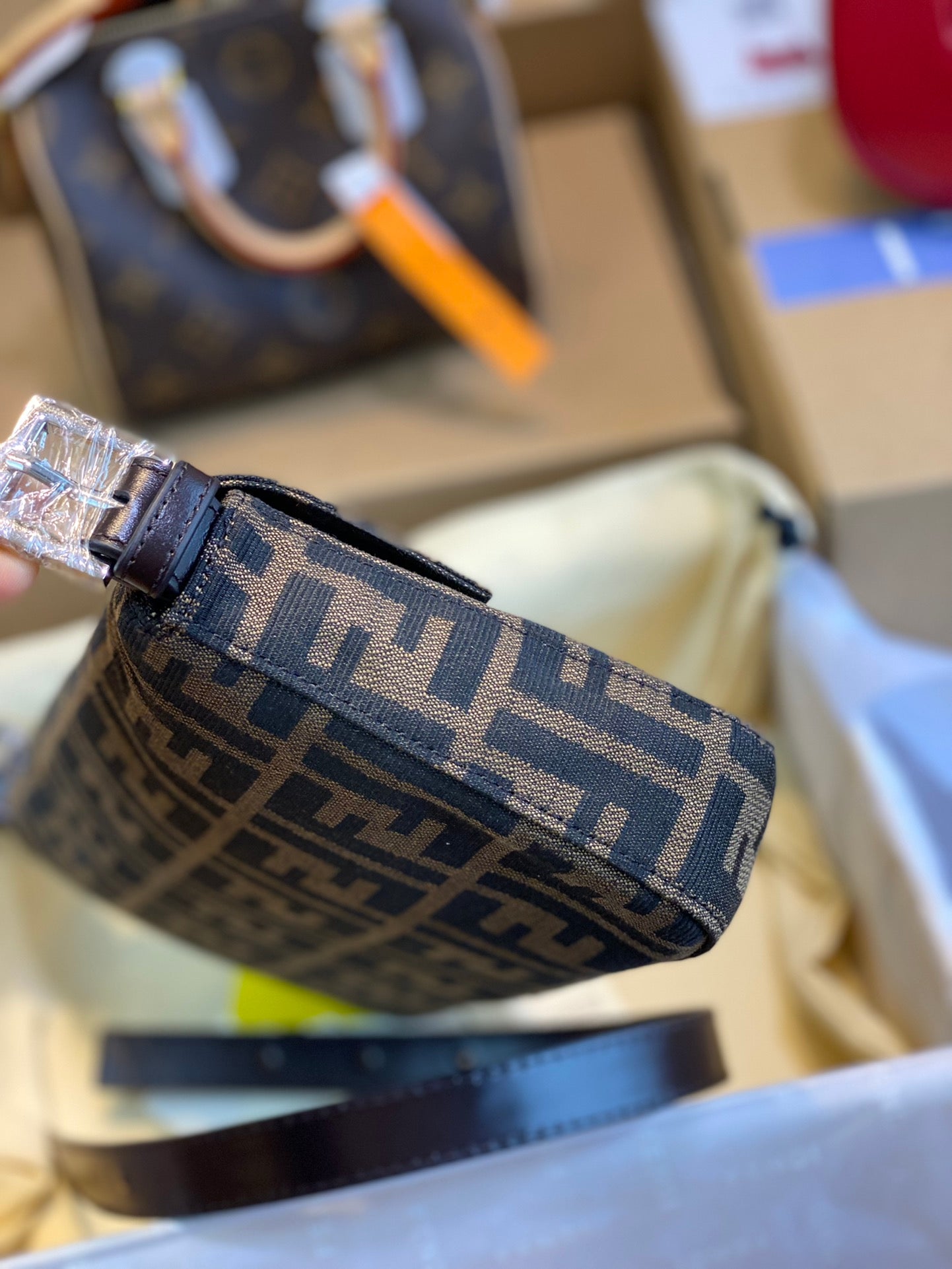 Fendi FF Monogram Canvas Baguette Shoulder Bag with Brown Leather Trim