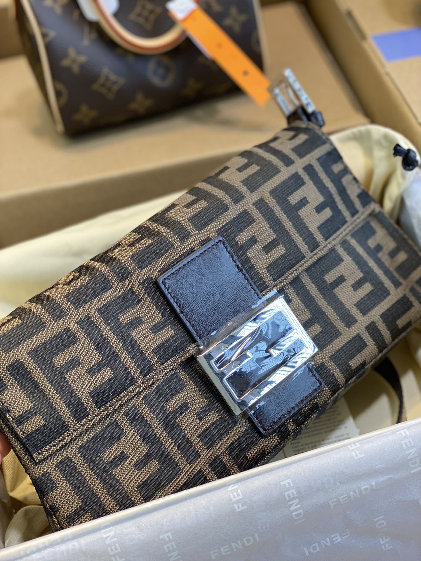 Fendi FF Monogram Canvas Baguette Shoulder Bag with Brown Leather Trim