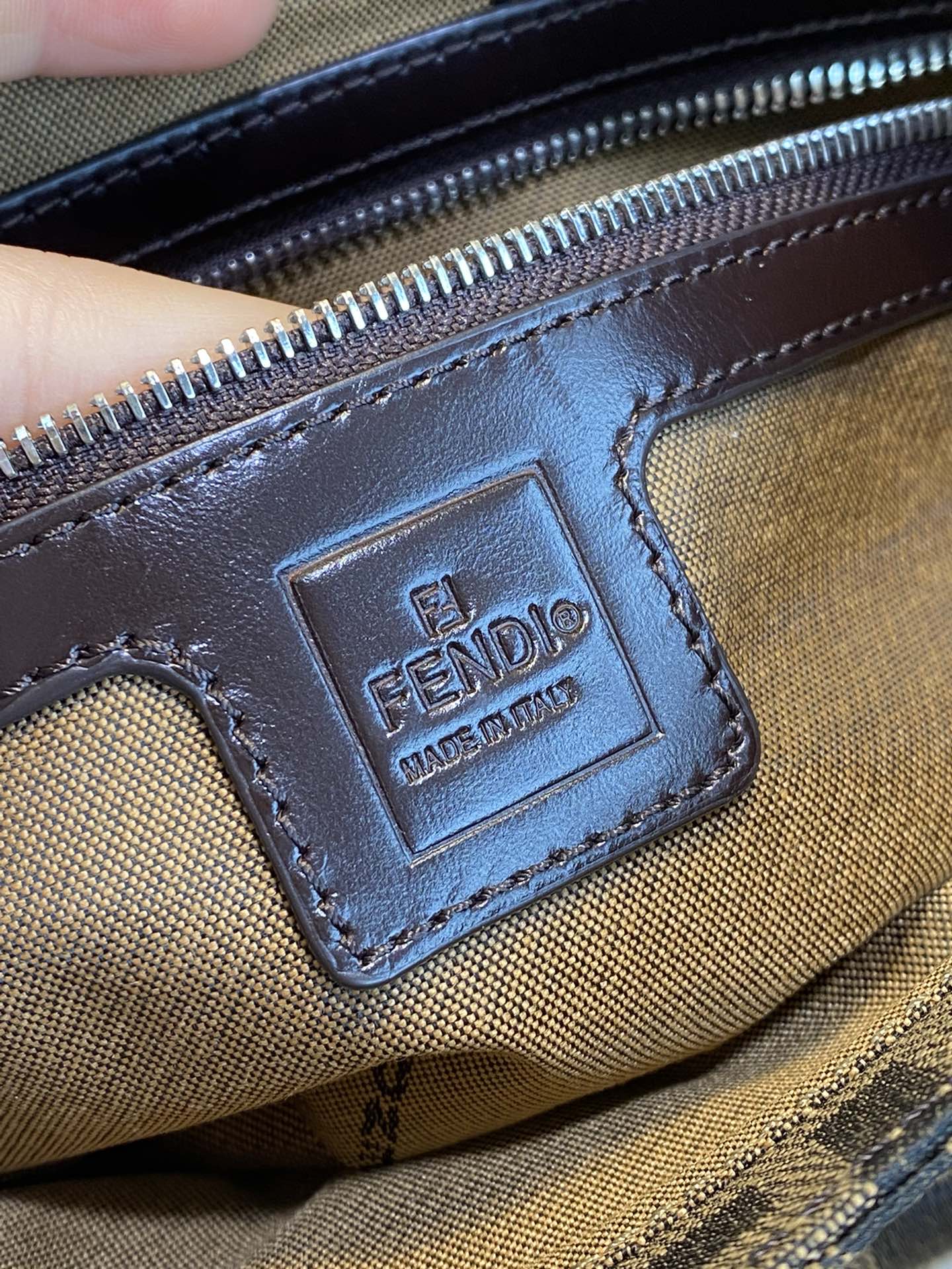 Fendi FF Monogram Canvas Baguette Shoulder Bag with Brown Leather Trim