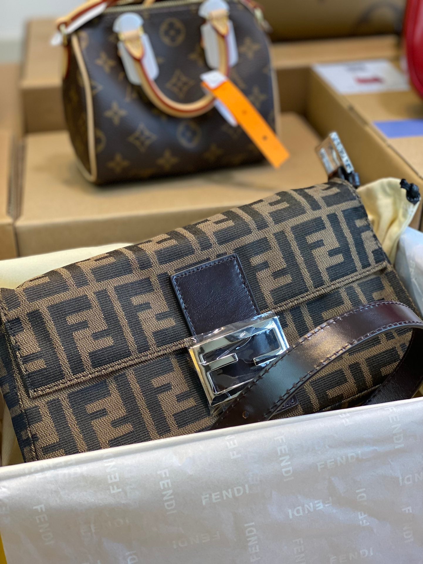 Fendi Zucca Canvas Baguette Shoulder Bag - Brown &amp; Silver