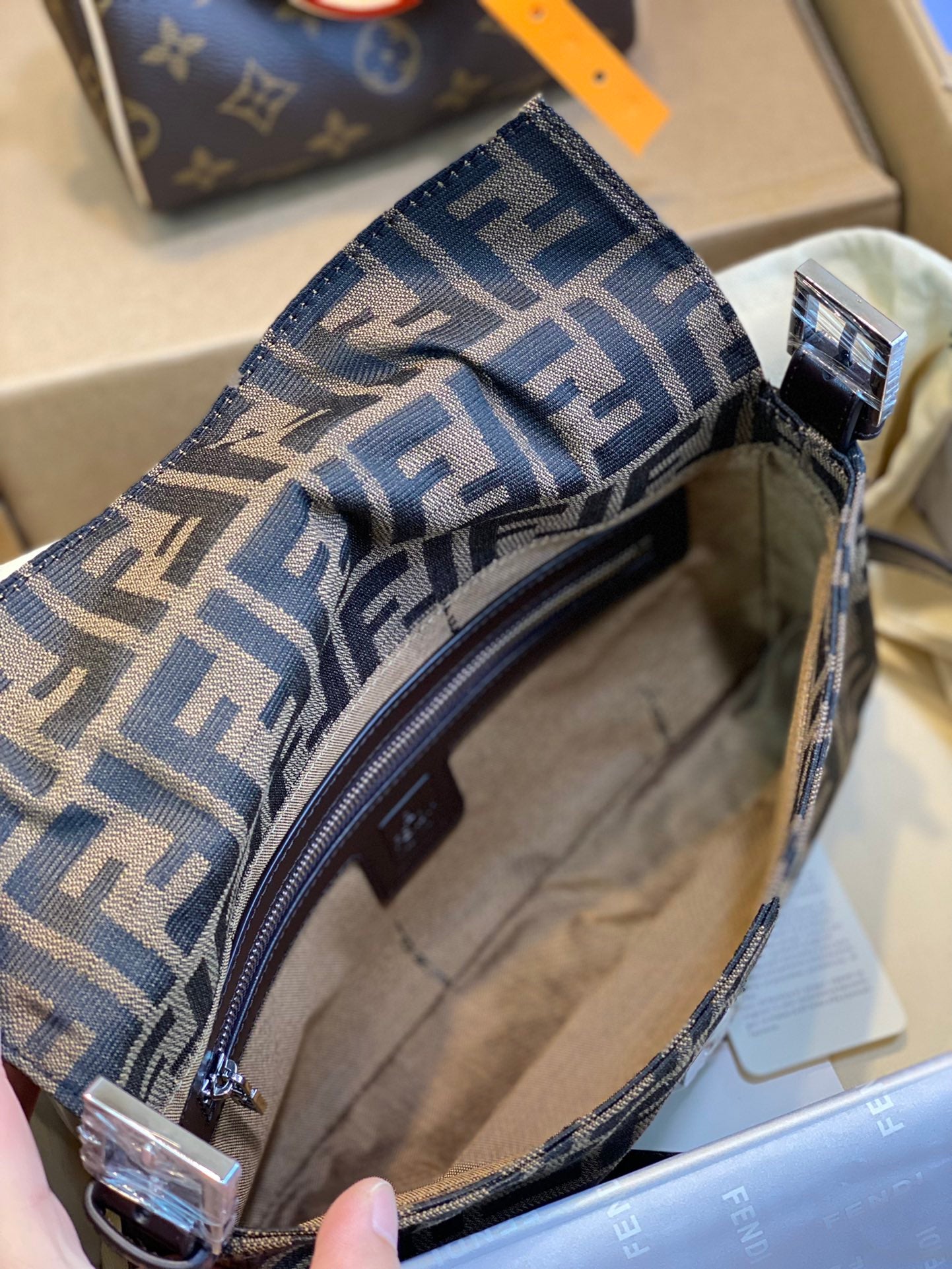 Fendi Zucca Canvas Baguette Shoulder Bag - Brown &amp; Silver
