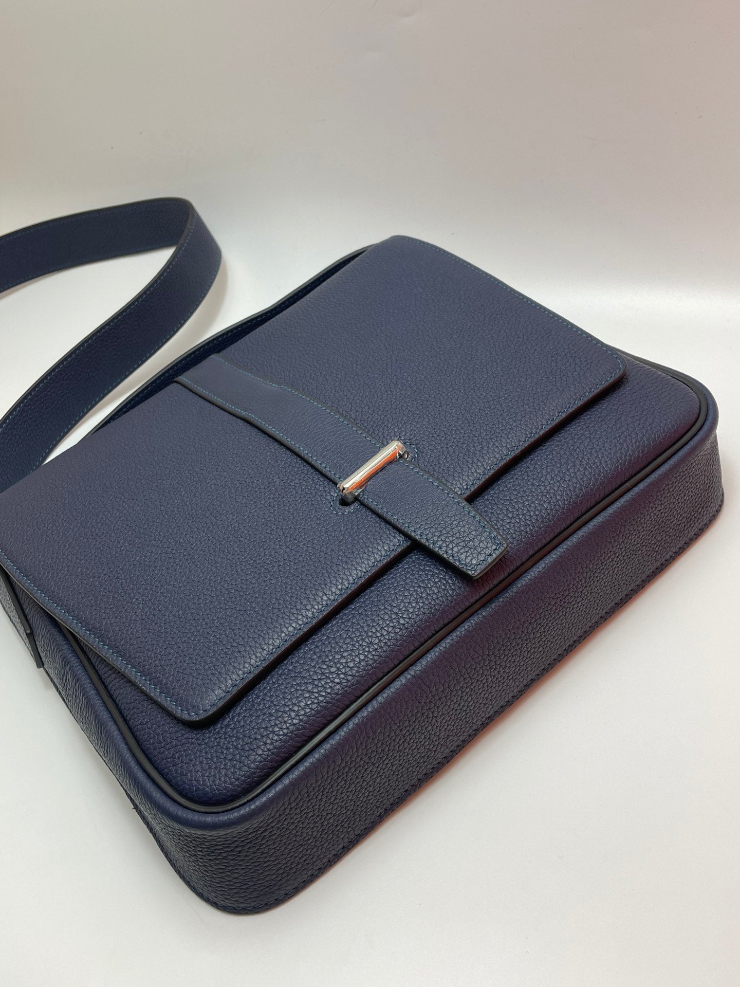 Men's Navy Blue Leather Messenger Bag - Crossbody Satchel