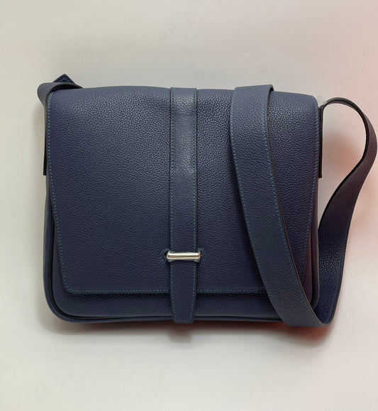 Men's Navy Blue Leather Messenger Bag - Crossbody Satchel