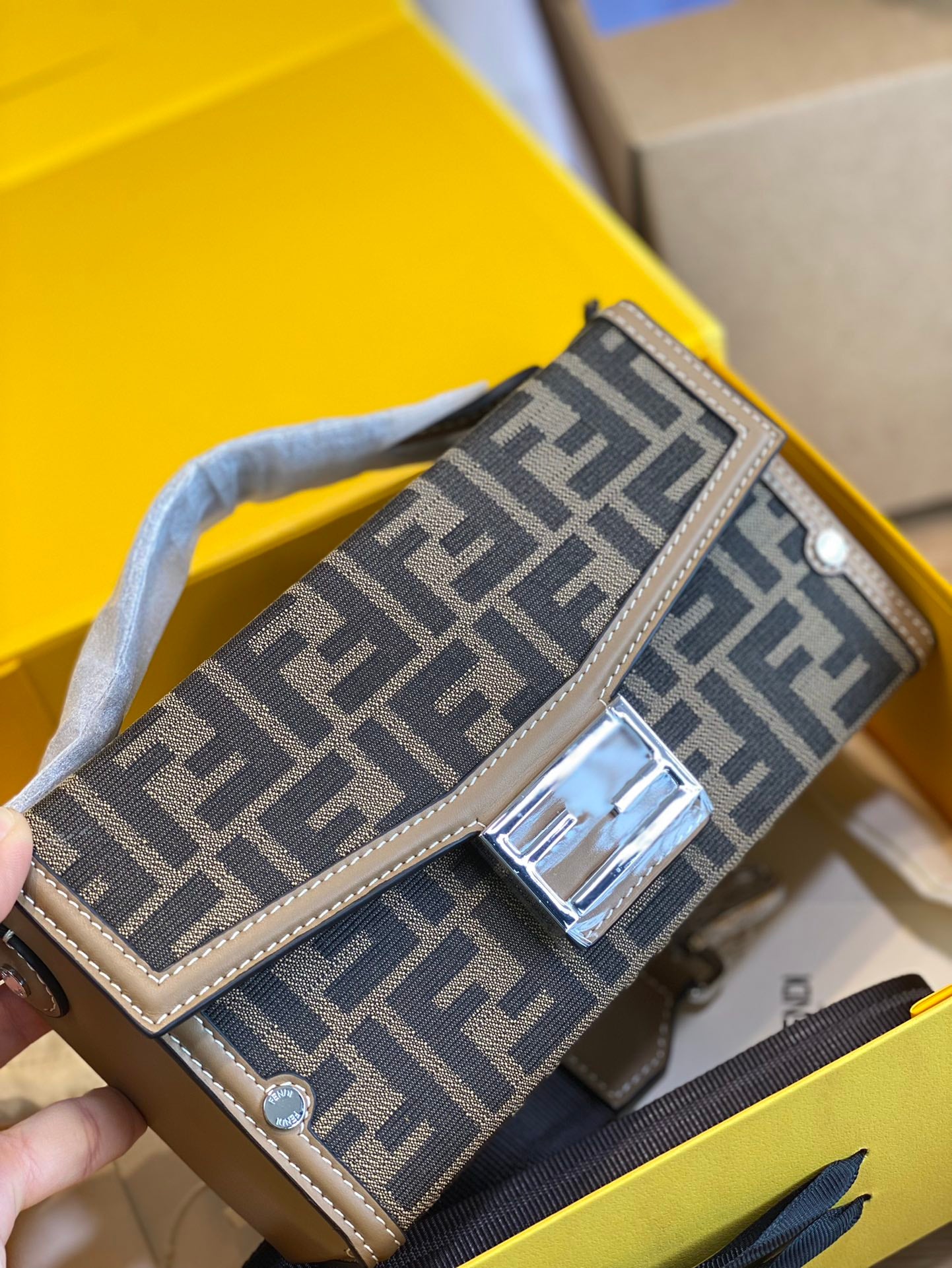 Fendi Monogram FF Envelope Shoulder Bag with Logo Strap - Brown/Tan