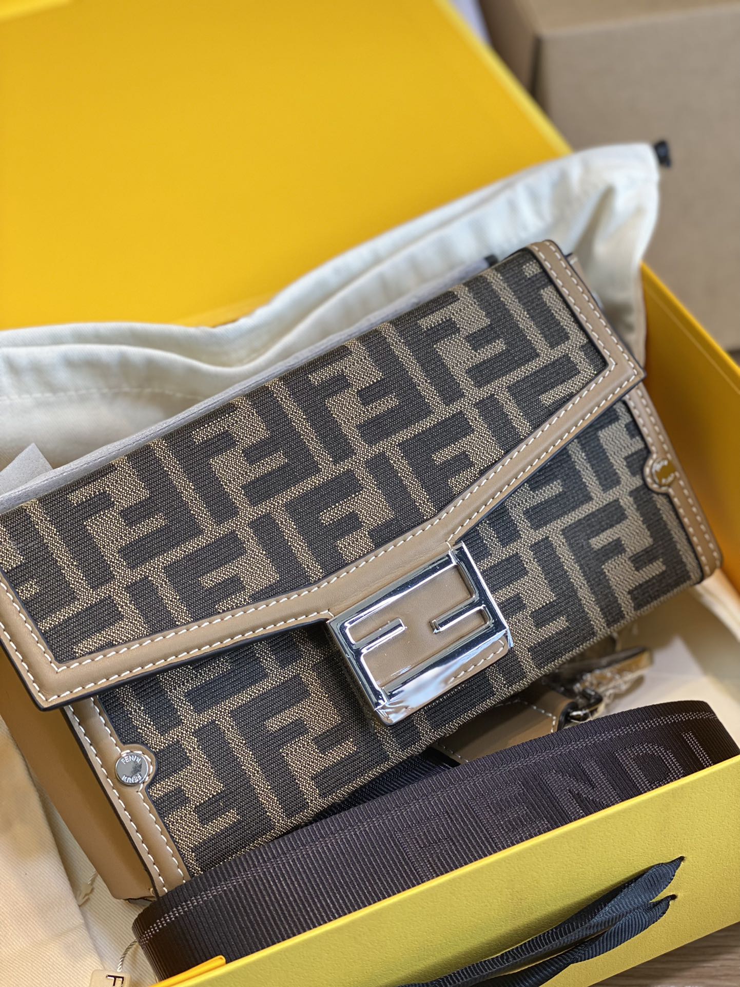 Fendi Monogram FF Envelope Shoulder Bag with Logo Strap - Brown/Tan