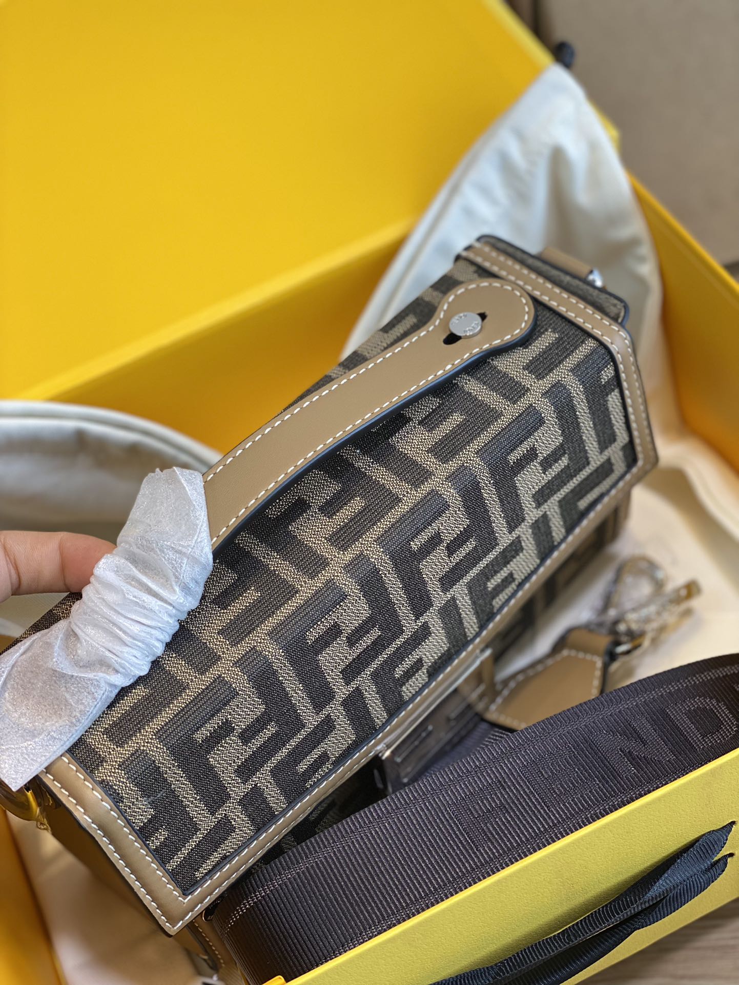 Fendi Monogram FF Envelope Shoulder Bag with Logo Strap - Brown/Tan