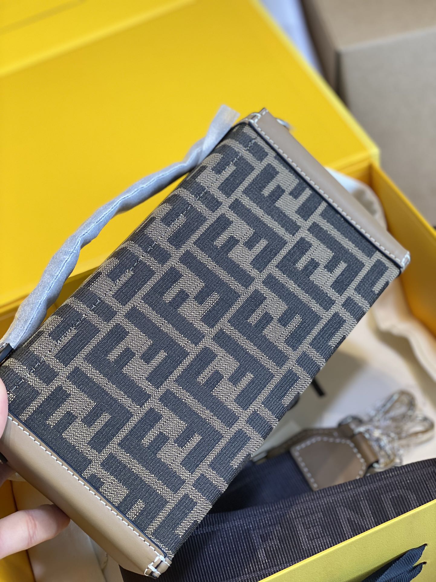 Fendi Monogram FF Envelope Shoulder Bag with Logo Strap - Brown/Tan