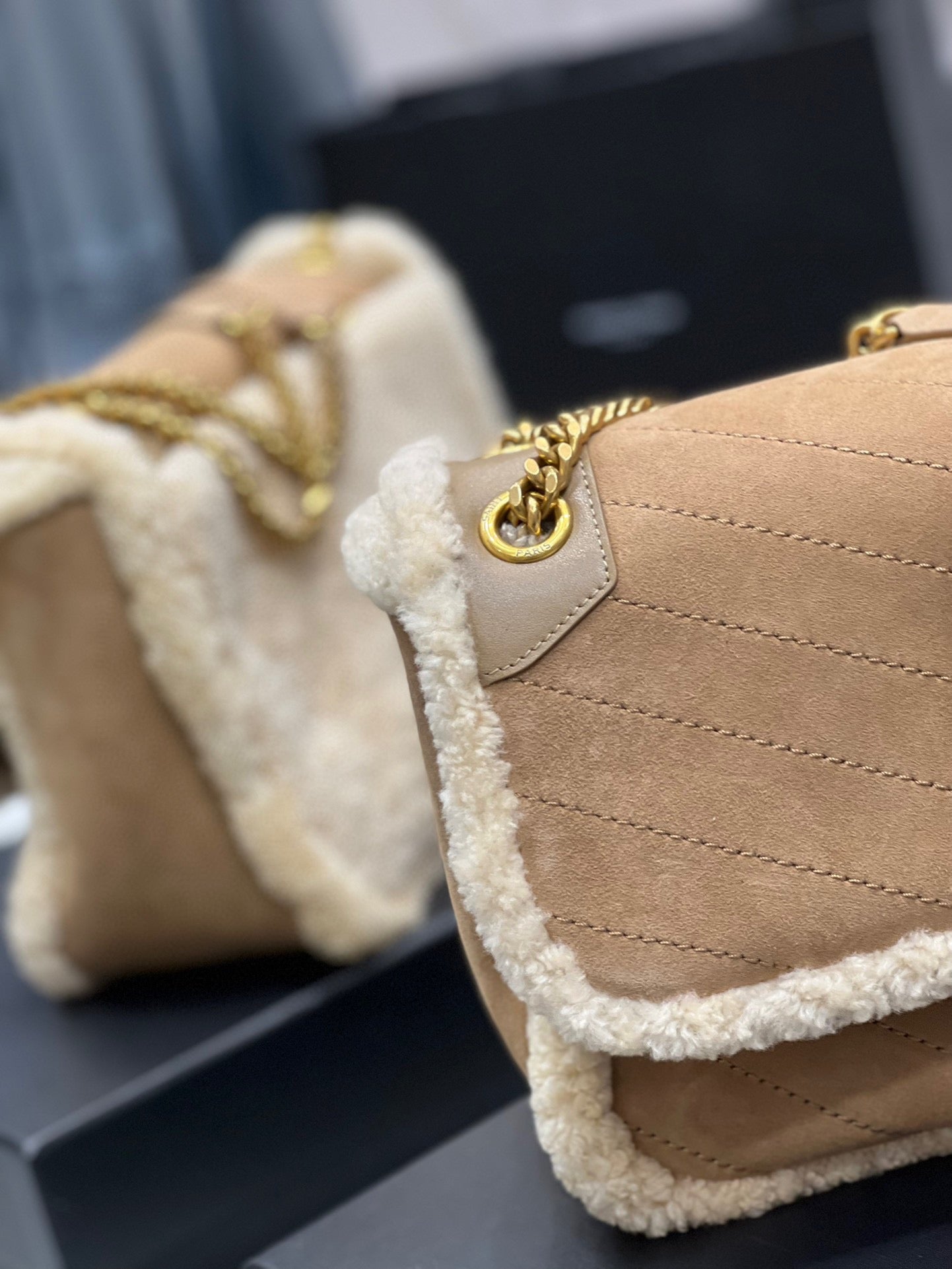 Saint Laurent Niki Medium Shoulder Bag in Suede and Shearling - Tan