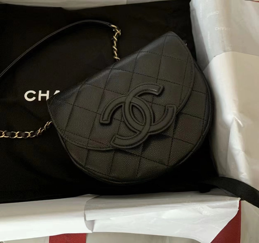 Chanel Quilted Lambskin Half Moon Flap Bag with Chain - Black