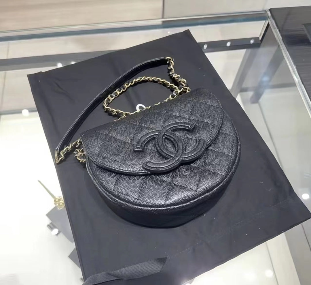 Chanel Quilted Lambskin Half Moon Flap Bag with Chain - Black