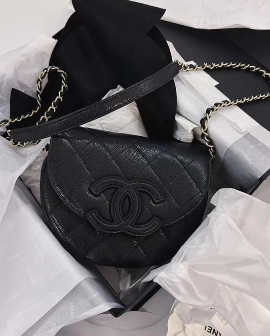 Chanel Quilted Lambskin Half Moon Flap Bag with Chain - Black