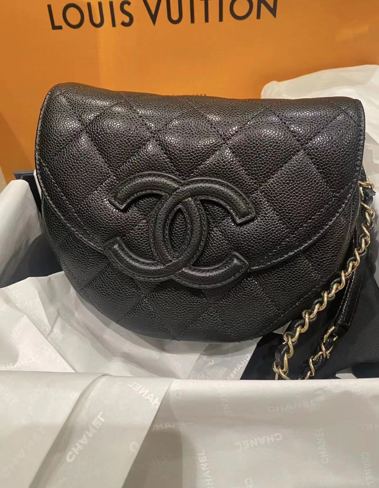 Chanel Quilted Lambskin Half Moon Flap Bag with Chain - Black