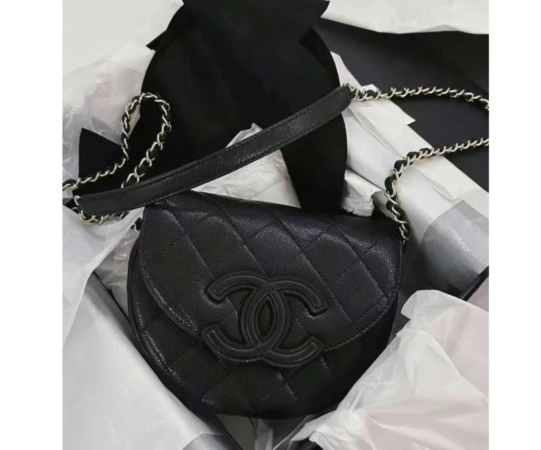 Chanel Quilted Lambskin Half Moon Flap Bag with Chain - Black