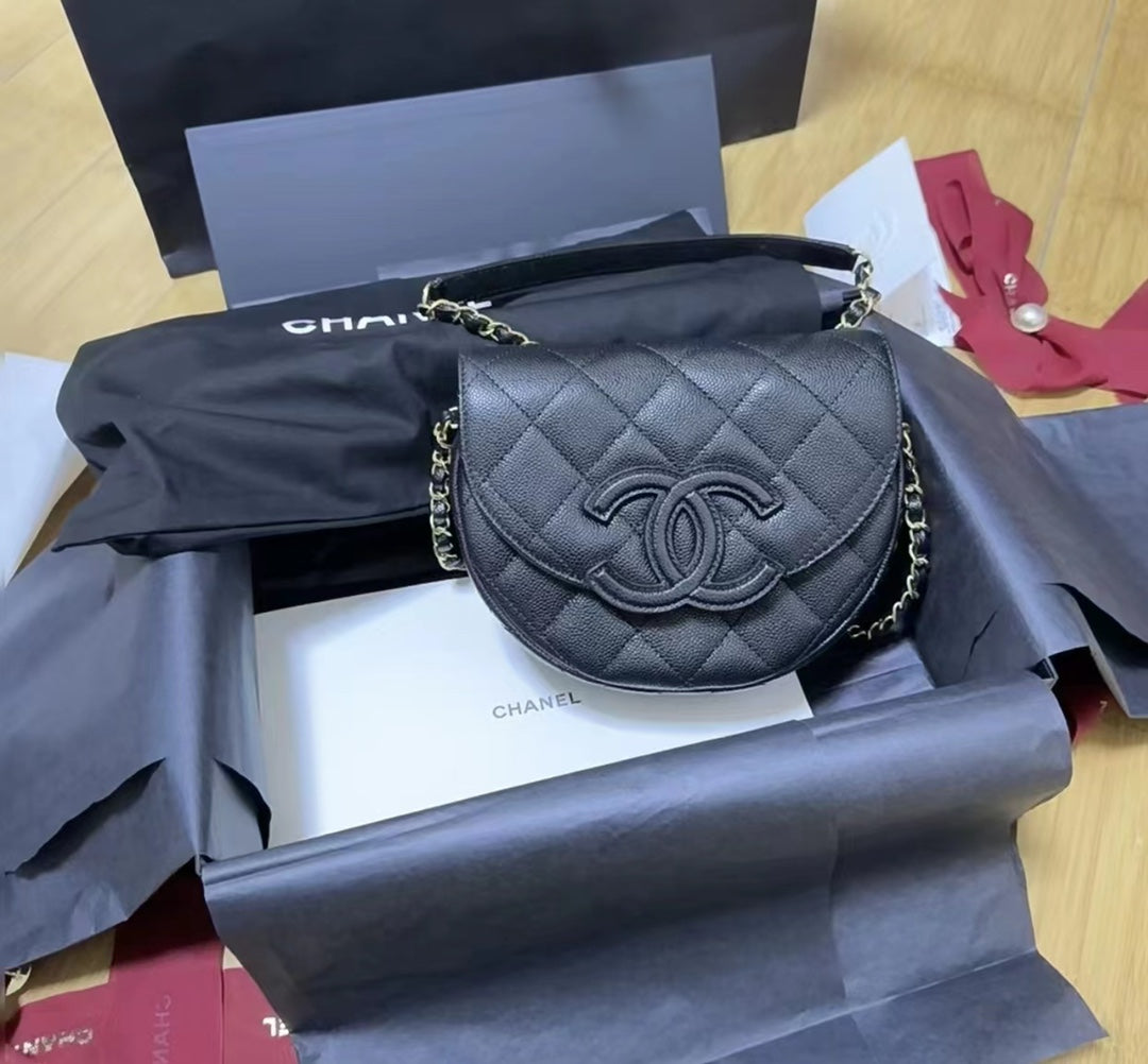 Chanel Quilted Lambskin Half Moon Flap Bag with Chain - Black