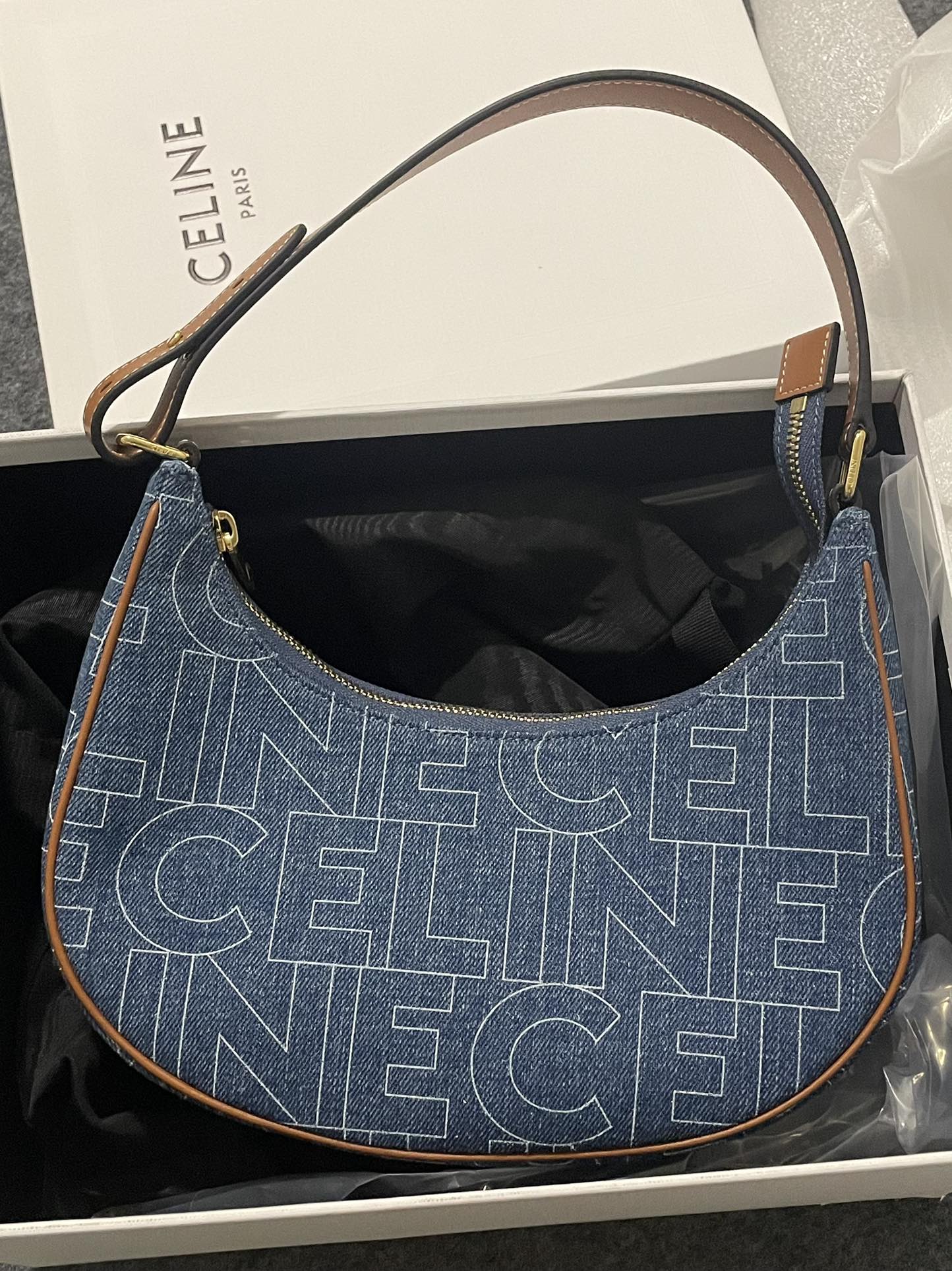 Celine Ava Bag in Denim with All-Over Logo Print - Blue
