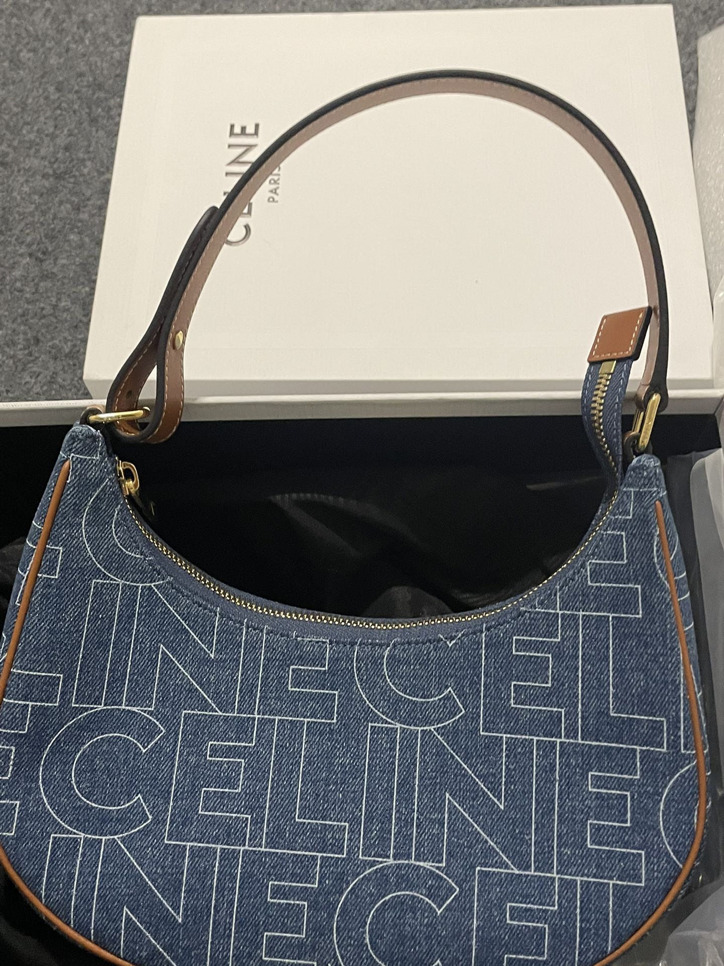 Celine Ava Bag in Denim with All-Over Logo Print - Blue
