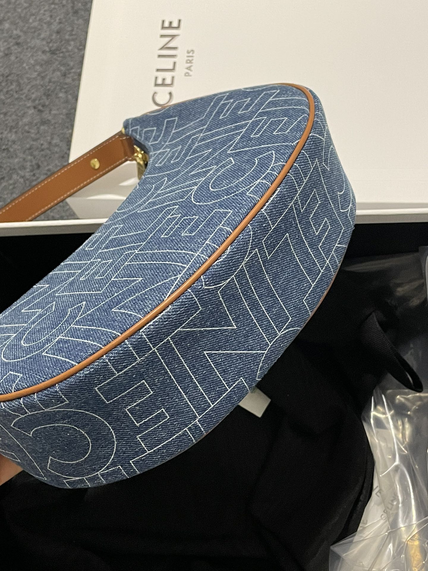 Celine Ava Bag in Denim with All-Over Logo Print - Blue