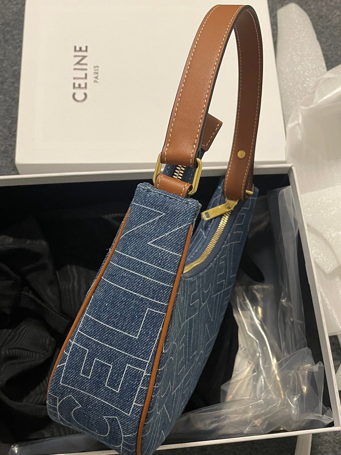 Celine Ava Bag in Denim with All-Over Logo Print - Blue