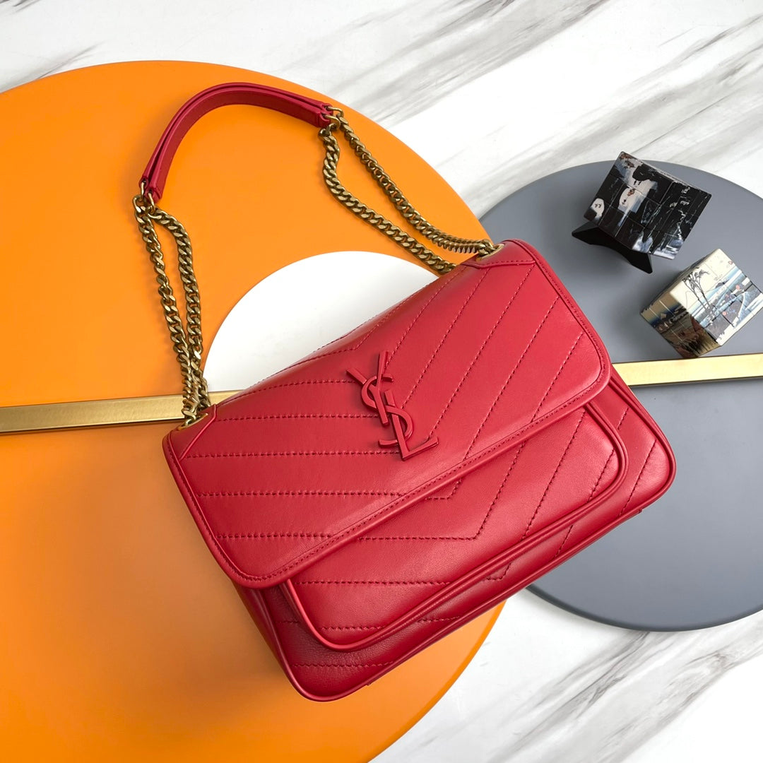 Saint Laurent Niki Medium Quilted Red Leather Shoulder Bag with Gold Hardware