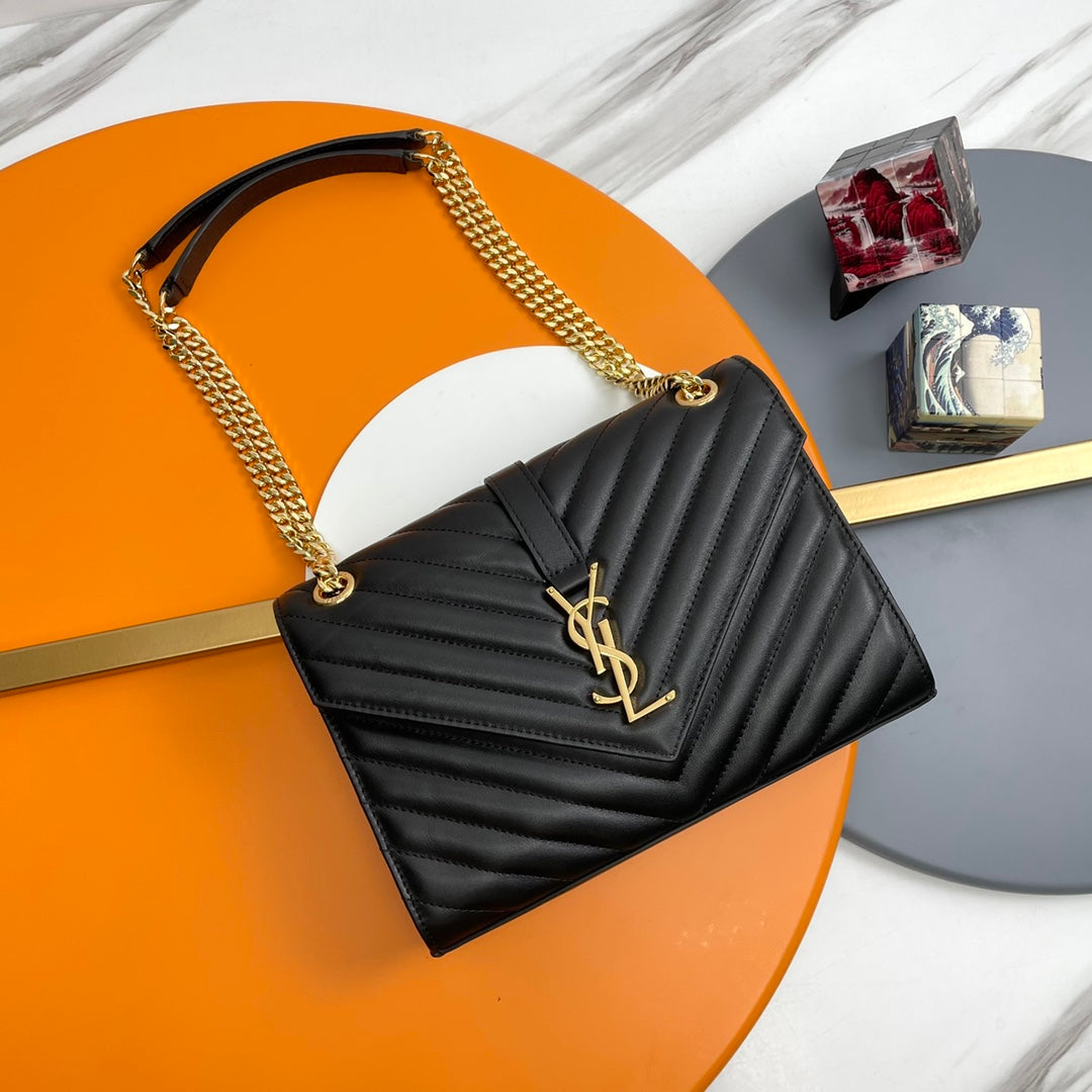 Saint Laurent Medium College Monogram Chain Shoulder Bag - Black Quilted Leather with Gold Hardware