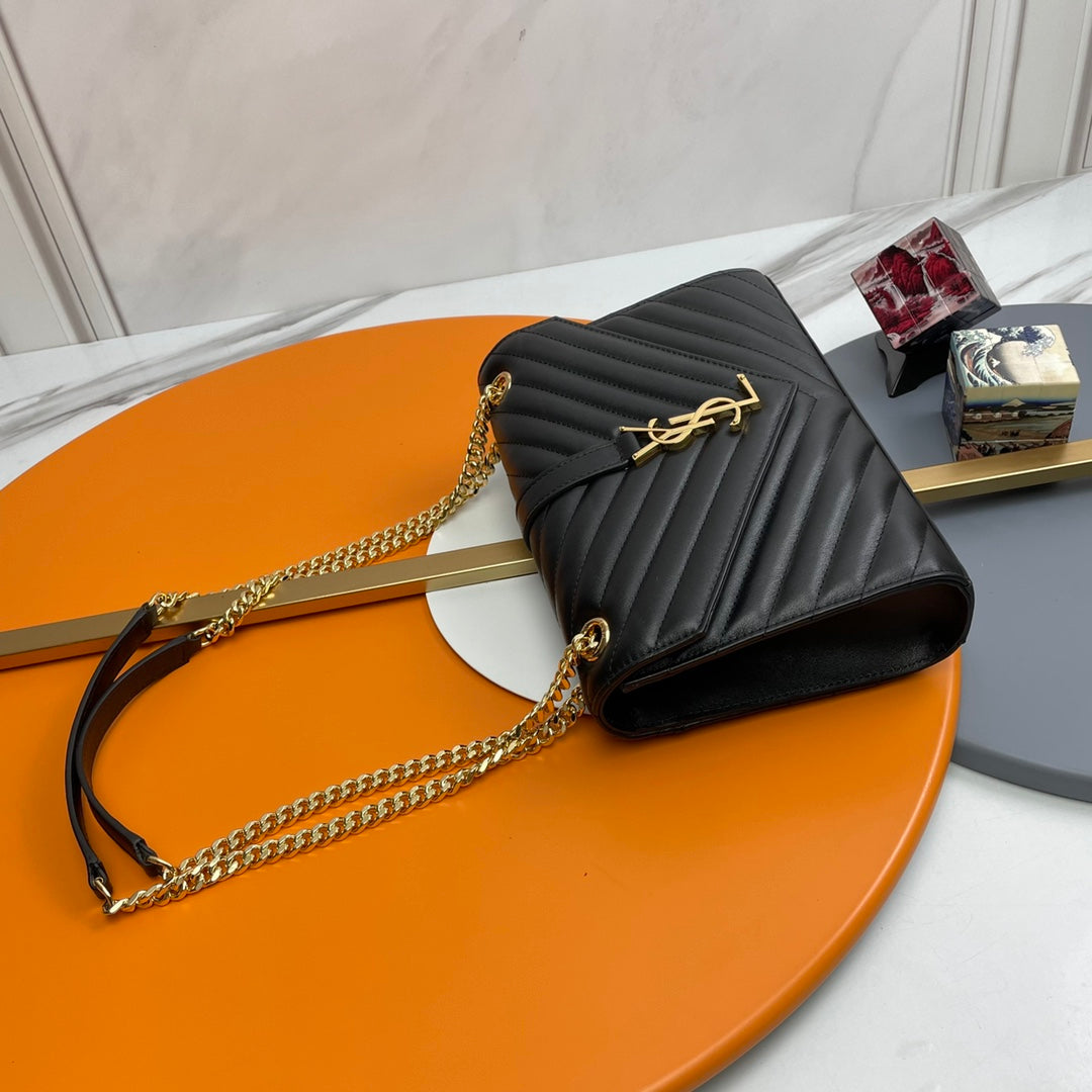 Saint Laurent Medium College Monogram Chain Shoulder Bag - Black Quilted Leather with Gold Hardware
