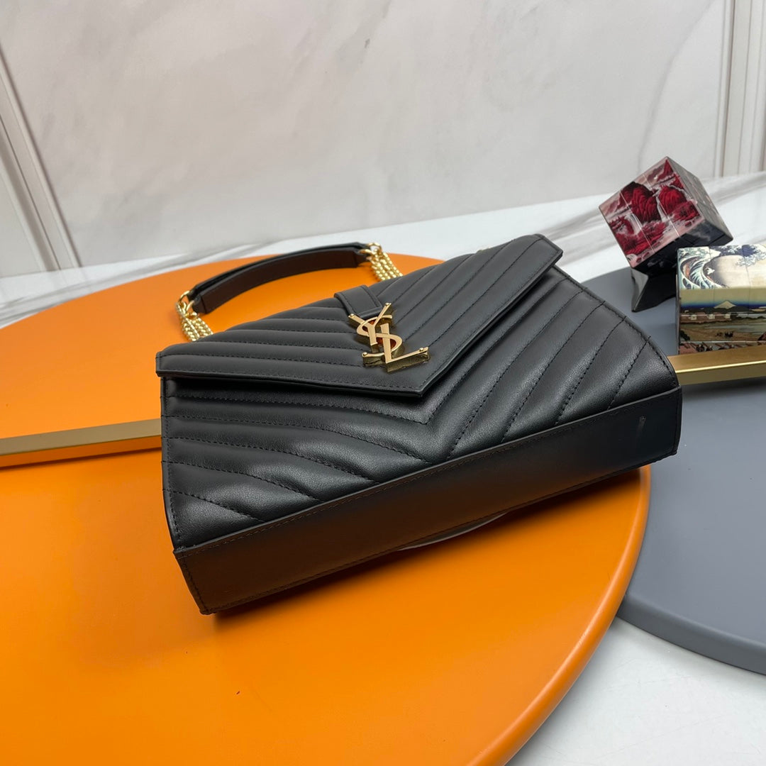 Saint Laurent Medium College Monogram Chain Shoulder Bag - Black Quilted Leather with Gold Hardware