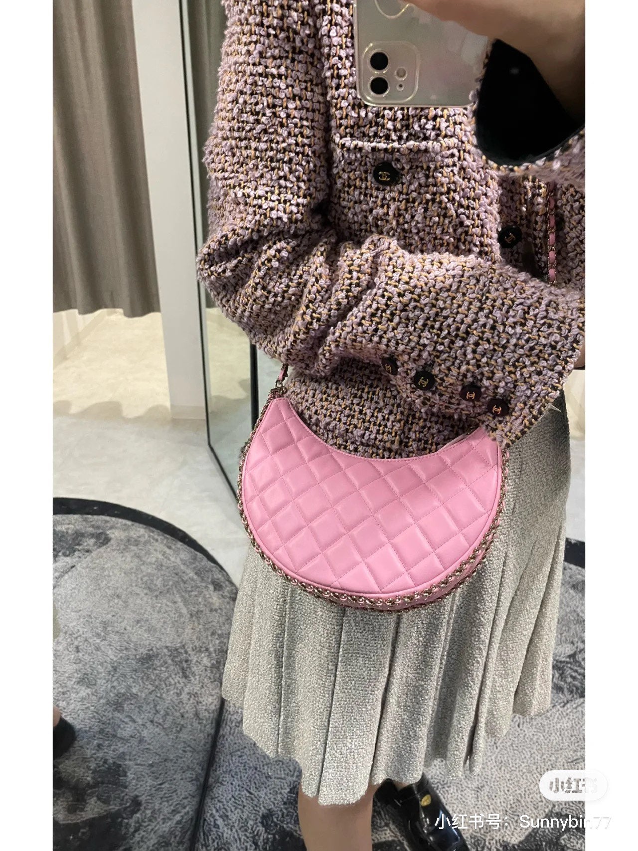 Chanel 22P Pink Quilted Leather Small Hobo Moon Bag