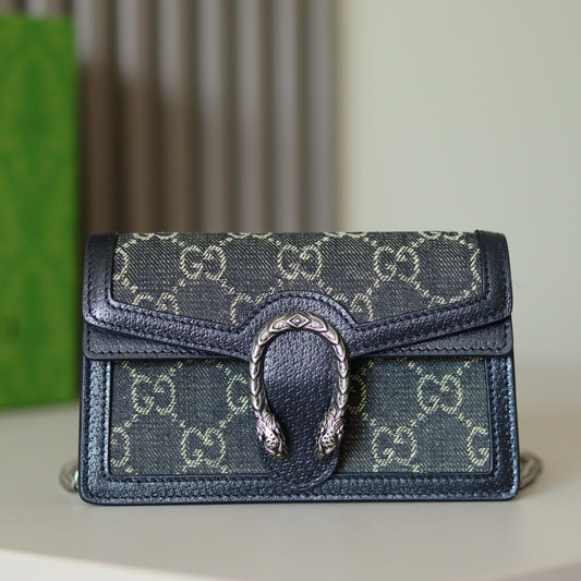 Gucci Dionysus GG Supreme Canvas Super Mini Bag with Blue Leather Trim