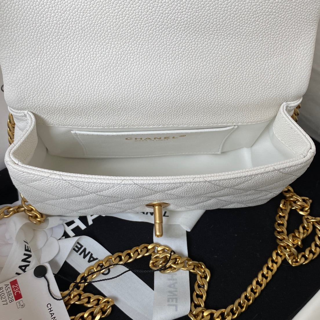 Chanel White Quilted Lambskin Mini Flap Bag with Gold-Tone Adjustable Ball Chain