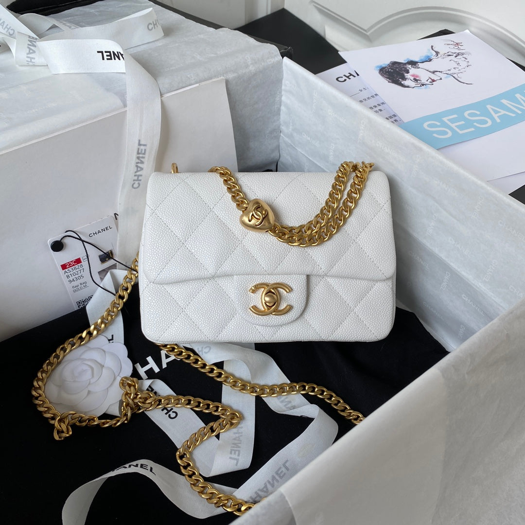 Chanel White Quilted Lambskin Mini Flap Bag with Gold-Tone Adjustable Ball Chain