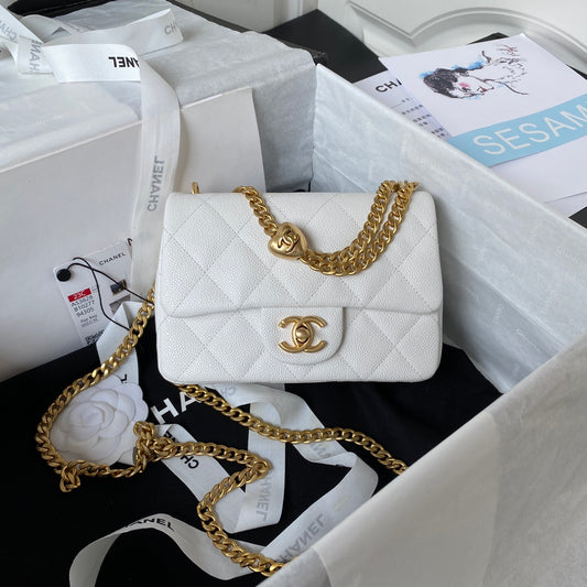 Chanel White Quilted Lambskin Mini Flap Bag with Gold-Tone Adjustable Ball Chain