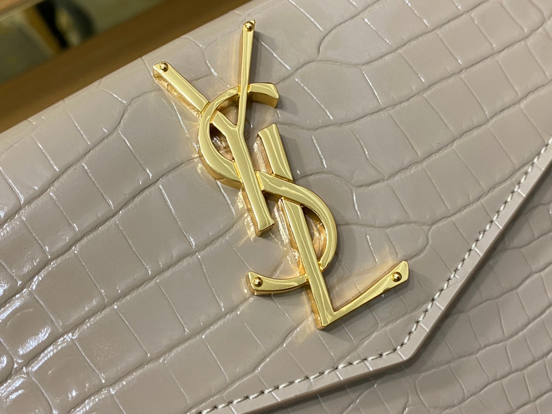 Saint Laurent Uptown Pouch in Shiny Crocodile-Embossed Leather - Beige