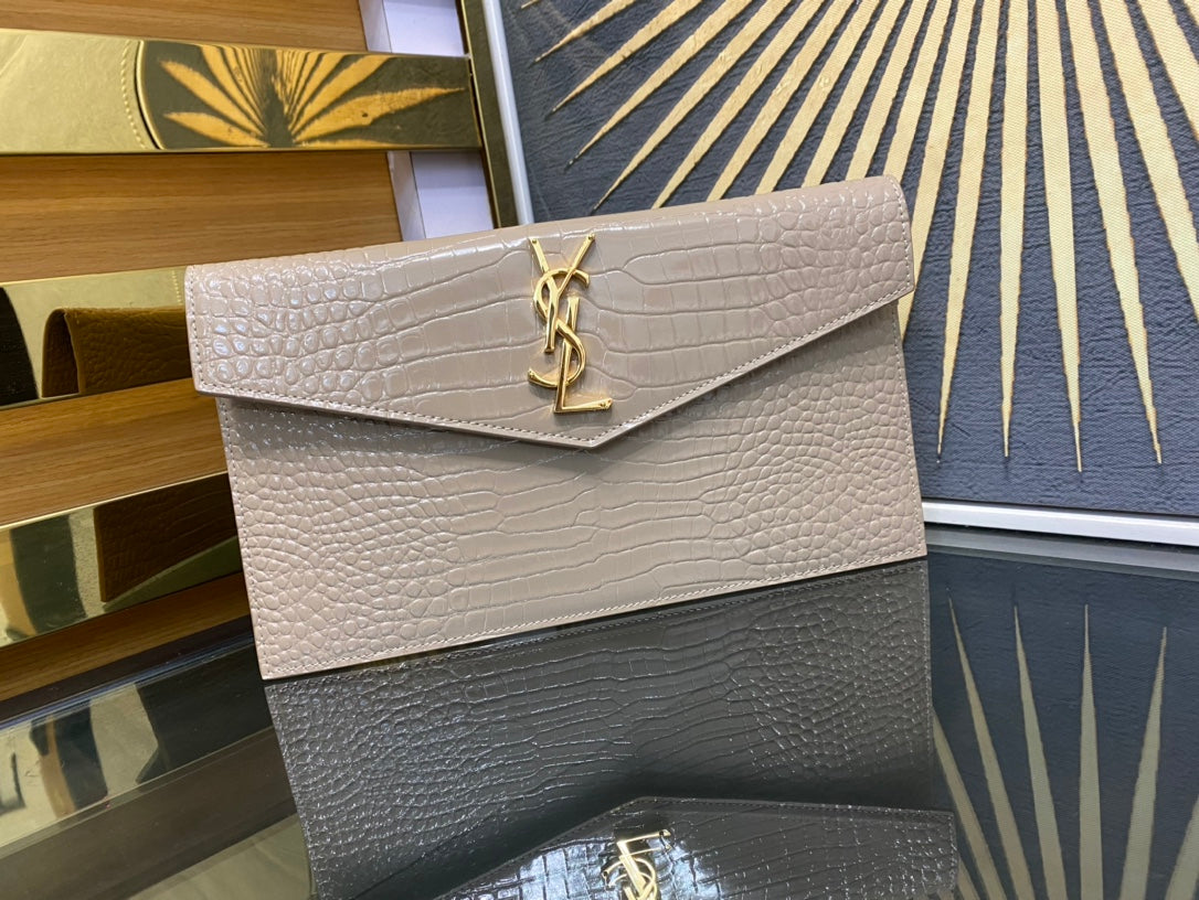 Saint Laurent Uptown Pouch in Shiny Crocodile-Embossed Leather - Beige